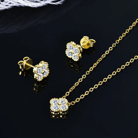 IOGOU 3 In 1 Clover Flower Pendant Necklace Earrings