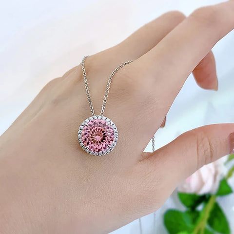 Pink Gem Necklace 5Ct S925 Sterling Silver Plate Platinum Jewelry Inlaid High Carbon Diamond Pendant Chain
