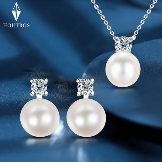 D Color Moissanite Pearl Jewelry Sets for Women 4mm Moissanite Diamond Pendant Necklace Earrings Luxury Wedding Anniversary Gift