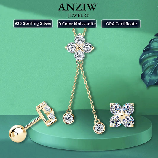 Four Leaf Clover Moissanite Jewelry Sets 925 Silver Long Tassel Pendant Necklace Stud Earrings Christmas New Year Gift for Women