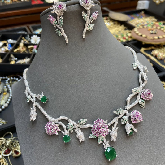 Autumn and winter earrings temperament flowers rose necklace full of diamonds suit women
