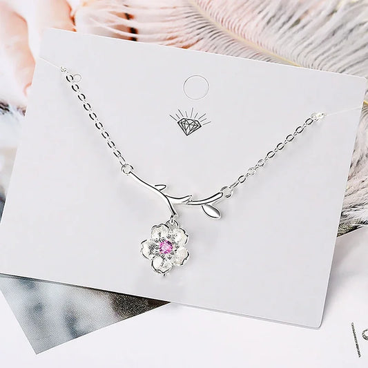 Cute Branches Cherry Flower Pendant Necklaces Shiny Crystal Zirconia Copper Romantic Female Elegant Neck Jewelry Accessories