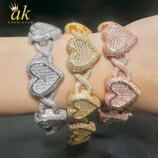 Aokaishen Iced Out Heart Infinity Cuban Link Bracelet