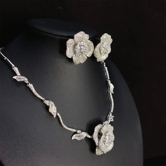 Premium Heavy Duty Rose Necklace Earrings Super Shiny Zirconia Jewellery Women's Set Party Bridal Wedding Accessories M-197