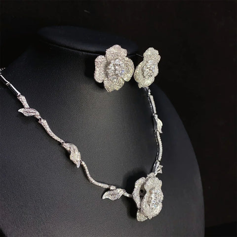 Premium Heavy Duty Rose Necklace Earrings Super Shiny Zirconia Jewellery Women's Set Party Bridal Wedding Accessories M-197
