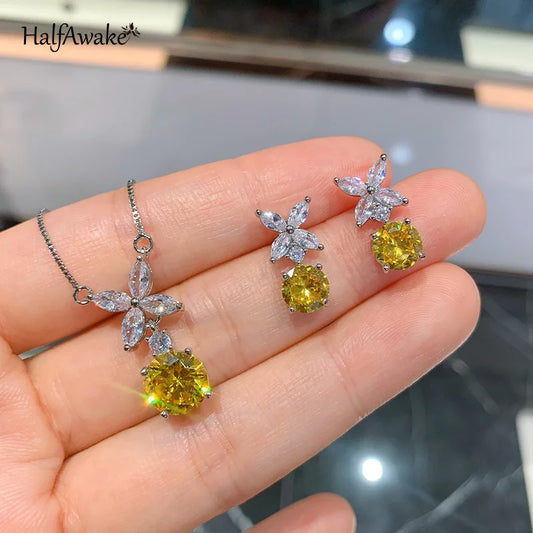Brilliant Yellow White High Carbon Diamond Luxury Jewelry Set Necklace Stud Earrings For Women Popular Anniversary Gift