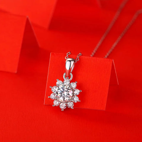 Original Silver Sterling 925 Moissanite Pendant Necklace for Women Girl Lady Sunflower Shape Cute 1 Carat Birthday Gift
