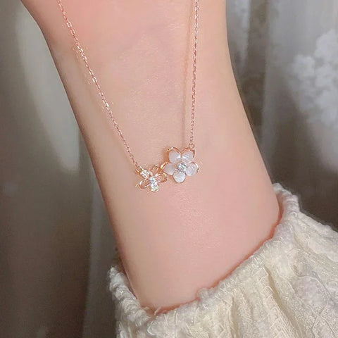 Cute Sweet Zircon Peach Blossom Pendant Clavicle Necklace Women Simple Light Luxury Two Flowers Neck Chain Jewelry