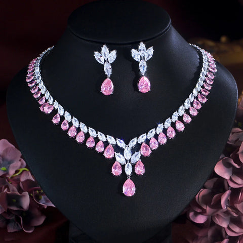 ThreeGraces Elegant Brilliant Pink Water Drop Zirconia Luxury Wedding Bridal Evening Party Jewelry Set for Women T1044