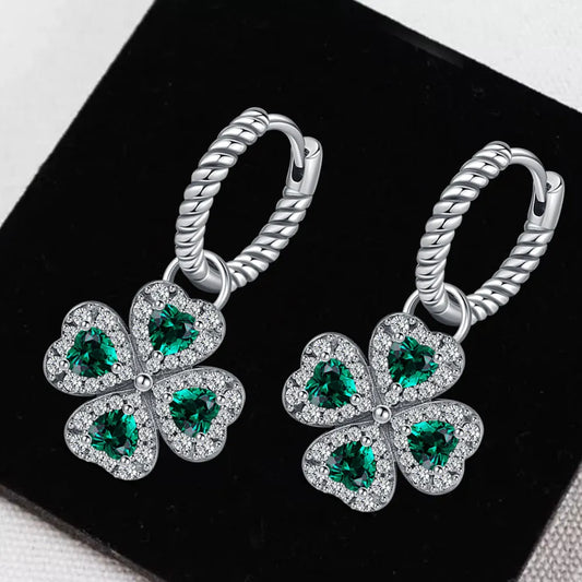925 Sterling Silver Elegant Sparkling Lucky Clover Hoops Earring