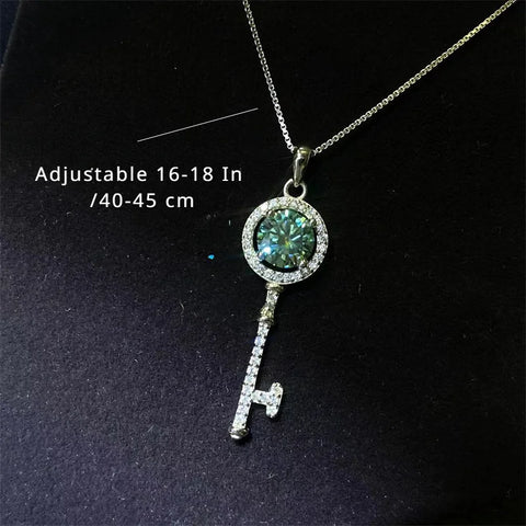 Round Shiny Blue-Green Moissanite Key Pendant Necklace, Luxury Neck Jewelry Valentine's Day Christmas Gifts For Lover