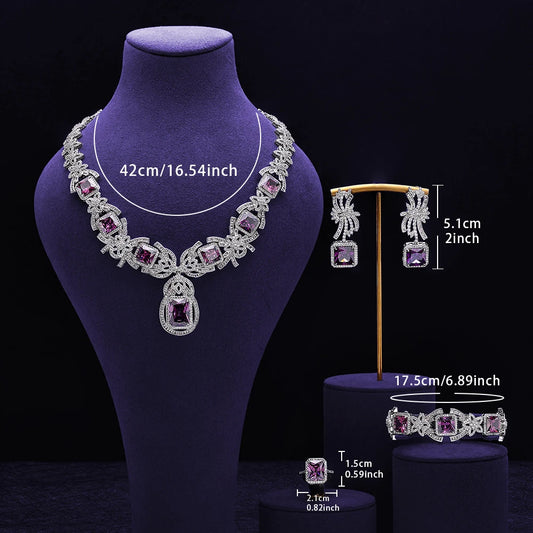 Dubai Luxury Purple Crystal Necklace, Necklace, Earring Set, Suitable for Women Brides' Wedding Jewelry Parties