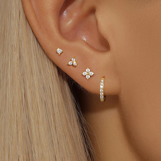 4PCS 18K Gold Plated Flower Round Piercing Earrings