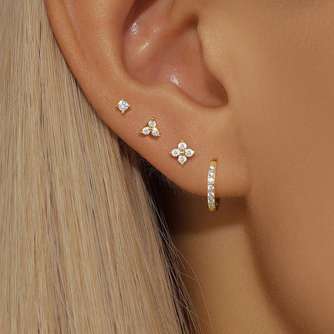 4PCS 18K Gold Plated Flower Round Piercing Earrings