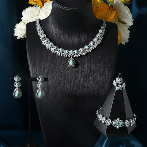 021560 Bridal Necklace Set for Women Turquoise Cubic Zirconia Jewelry Engagement Party Wedding Expensive Jewelry Set Handwork