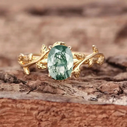 Cocktail Oval Shaped Moss Agate Rings Leaf Branch Ring - BOLEVARD RING