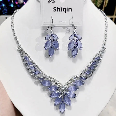 Luxurious Fashionable New Zircon Purple Transparent Color Necklace Earrings Set Versatile High-End Feelings Jewelry Accessories