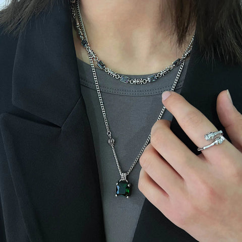 Foydjew Retro Thai Silver Crown Green Zircon Necklaces For Women 2022 Trend Brand Pendant Luxury Temperament Fashion Jewelry