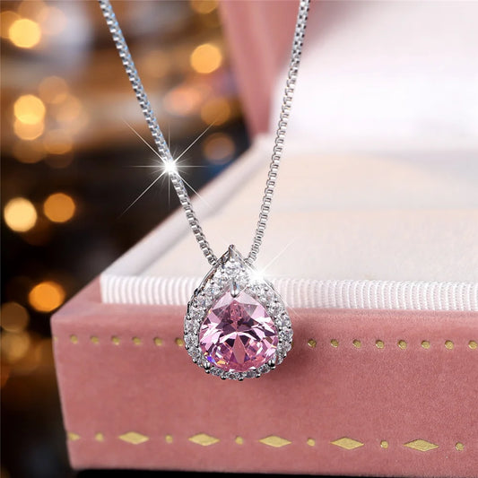 Female Crystal Pink Zircon Stone Water Drop Pendant Necklace Vintage Silver Color Wedding Jewelry For Women