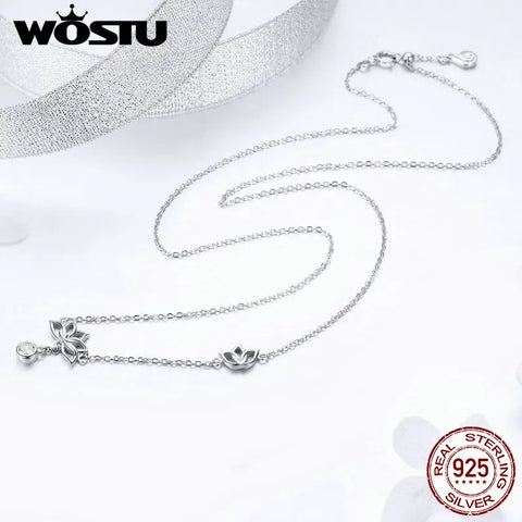 WOSTU Hot Fashion 925 Sterling Silver Lotus Flower Original Pendent Necklaces For Women Luxury Wedding Silver Jewelry FNN012