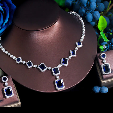 ThreeGraces Elegant Purple Cubic Zirconia Big Square CZ Drop Earrings and Necklace Bridal Wedding Jewelry Set for Women TZ882