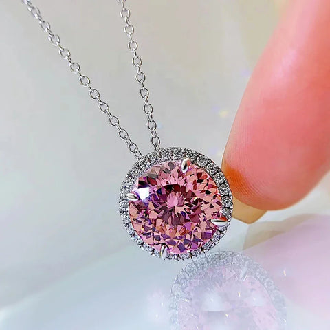 Pink Gem Necklace 5Ct S925 Sterling Silver Plate Platinum Jewelry Inlaid High Carbon Diamond Pendant Chain