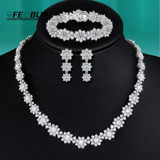FEOBUR Full Moissanite Diamond Jewelry Set for Women 925 Sterling Silver Luxury Sunflower Necklace Bangle Bridal Wedding Sets