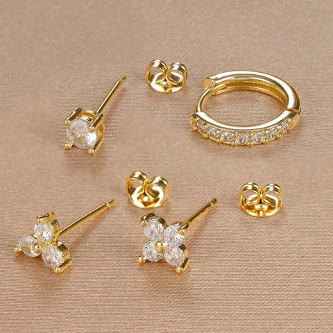 4PCS 18K Gold Plated Flower Round Piercing Earrings