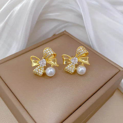 Classic Stainless Steel Gorgeous Pearl Bow Necklace Earrings