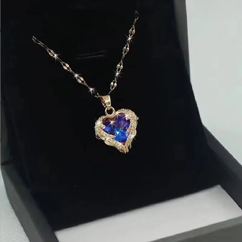 1 Pc Romantic Blue Ocean Heart Zircon Pendant Necklace for Woman Pink Love Heart Stainless Steel Chain Choker