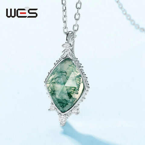 WES 925 Sterling Silver Unique Natural 8*11mm Moss Agate Pendant Necklace for Woman Forest Jewelry Engagement Gift Wholesale