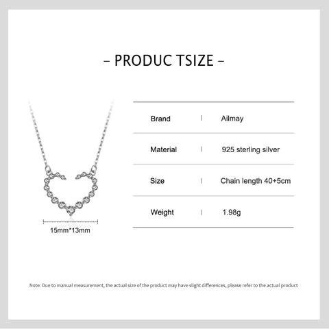 Ailmay Real 925 Sterling Silver Romantic Heart Cubic Zirconia Pendant Necklace For Women Fine Jewelry Girl Christmas Gifts