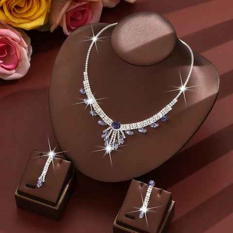 3pcs Elegant and Dignified Colored Water Droplet Gemstone Inlaid Women's Tassel Necklace Earring Set Retro Wedding Dress Jewelry