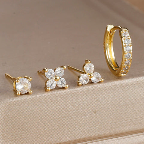 4PCS 18K Gold Plated Flower Round Piercing Earrings