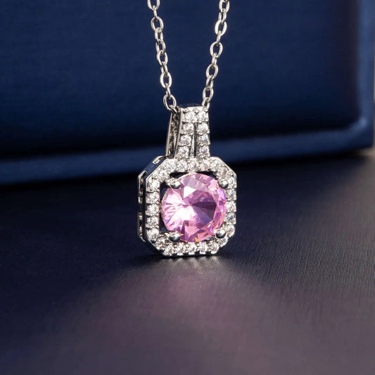 Fashionable Square Pendant Embedded Pink round Zircon Lightweight Versatile Minimalist Design Clavicle Chain Jewelry Accessory