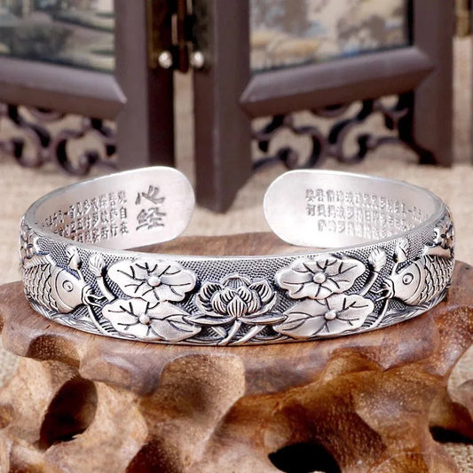 Silver 925 Retro Exquisitely carved Lotus flower bracelet
