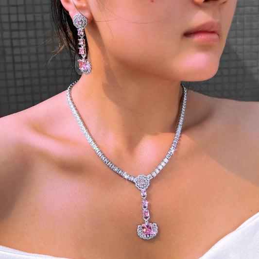 CWWZircons Charming Pink White Cubic Zircon Flower Long Dangle Earrings Necklace Set for Women Wedding Party Jewelry Gifts T0980