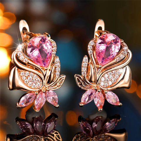 Luxury Female Pink Zircon Stone Hoop Earrings