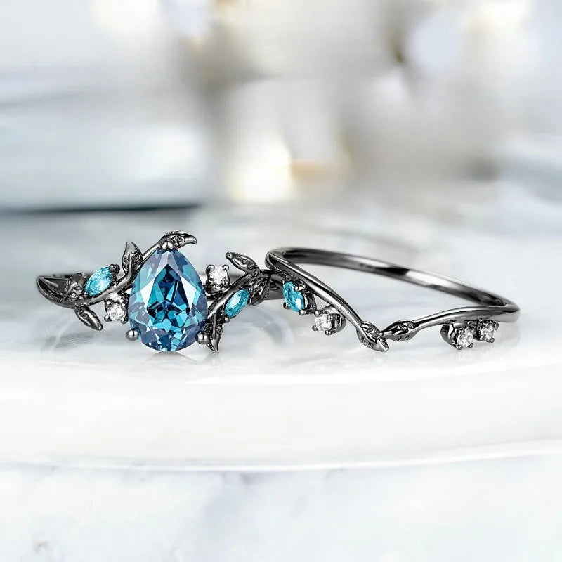 Luxury Black Color Waterdrop Round Blue White Stone Leaf Ring - BOLEVARD RING