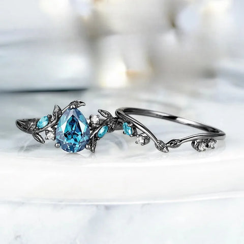 Luxury Black Color Waterdrop Round Blue White Stone Leaf Ring - BOLEVARD RING