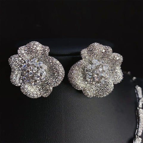 Premium Heavy Duty Rose Necklace Earrings Super Shiny Zirconia Jewellery Women's Set Party Bridal Wedding Accessories M-197