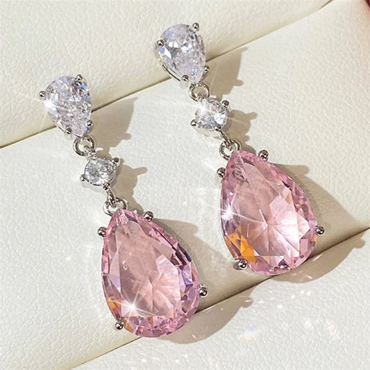 925 Sterling Silver Sweet Pink Pear Cubic Zirconia Drop Earrings