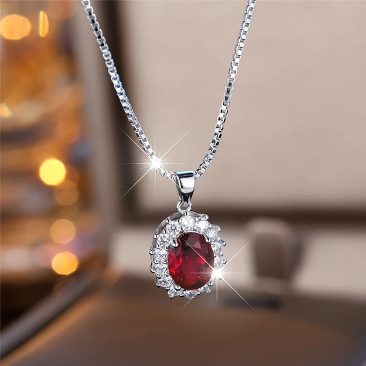 Female Crystal Red Blue Zircon Oval Stone Pendant Necklace Vintage Silver Color Wedding Jewelry For Women