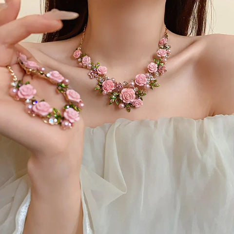 Flower Inlaid Crystal Pearl Necklace Earrings