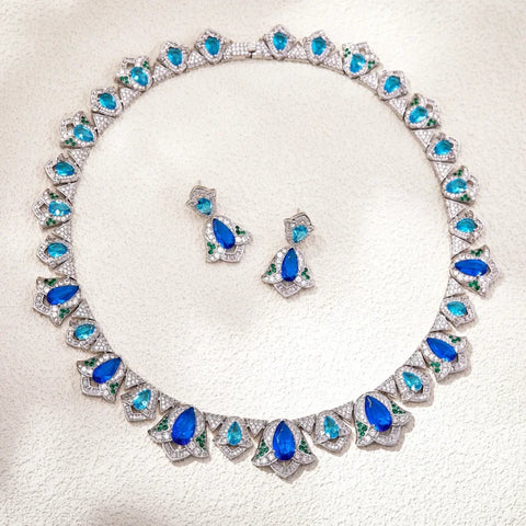 Designer Style Stud Earrings Necklace Women Lady Inlay Cubic Zircon Synthetic Sapphire Tassels Dinner Party Jewelry Sets