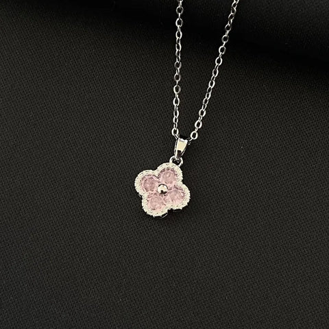 Trend Pink Four Leaf Flower Zircon Pendant Necklaces for Women Fashion Jewelry Light Luxury Minimalist Accessories