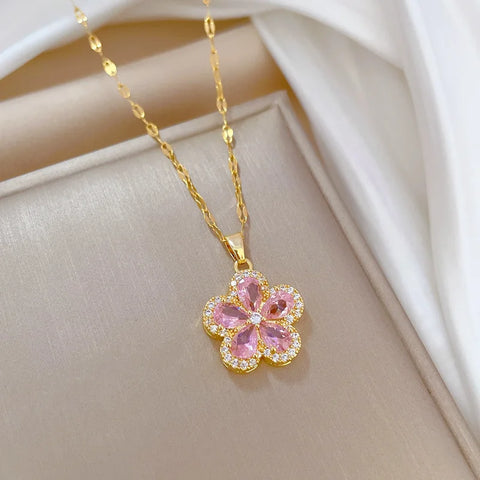 Women's Pink Crystal Cherry Blossom Flower Pendant Necklace (40cm + 5cm) Luxury Jewelry Free Shipping