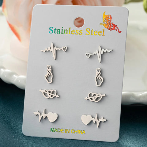 4Pairs/Lot Fashion Stainless Steel Star Moon Stud Earrings Sets