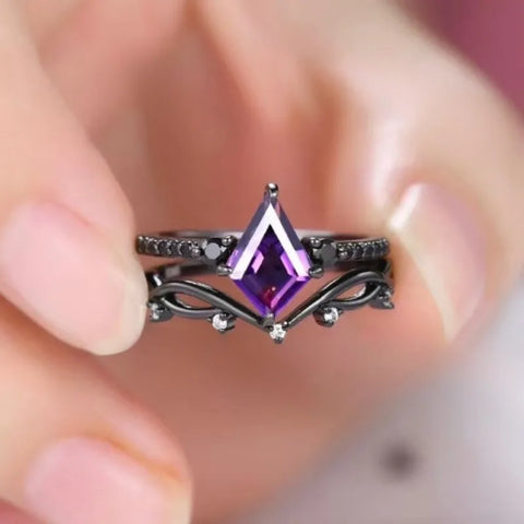 Dazzling Inlaid with Purple Stone Black Color Oval Rings