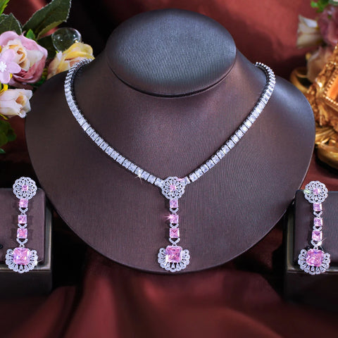 CWWZircons Charming Pink White Cubic Zircon Flower Long Dangle Earrings Necklace Set for Women Wedding Party Jewelry Gifts T0980